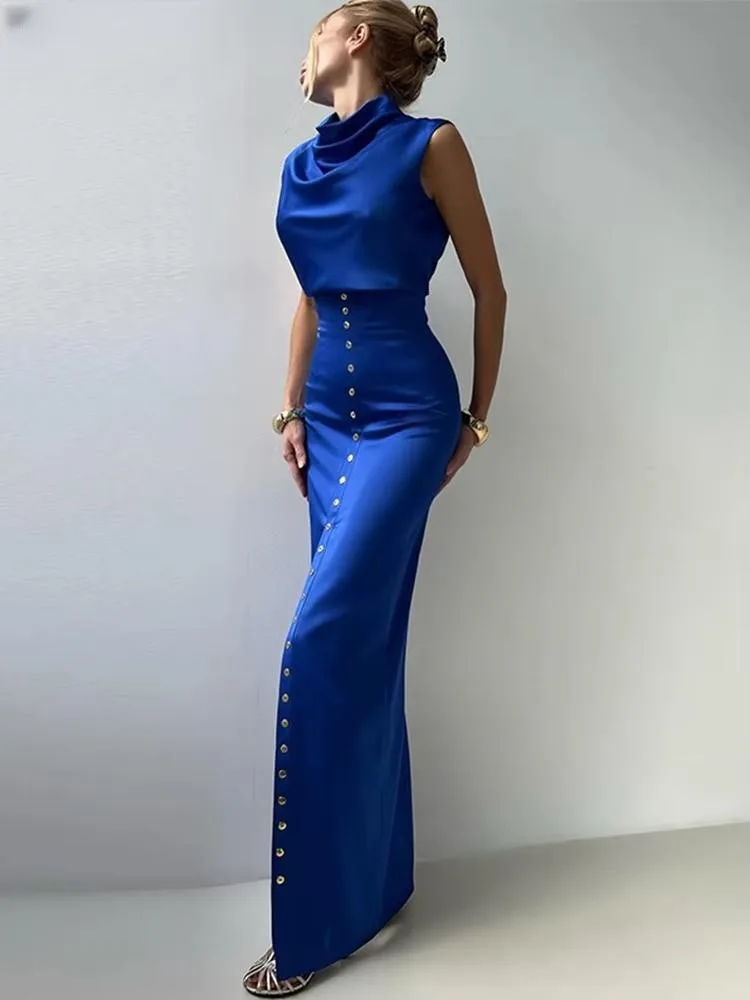 Elegant 2025 Crop Top Skirt Set Women Turtleneck Sleeveless Vest High Waist Button Long Skirts Lady Satin Solid Outfits한국 투피스 세트