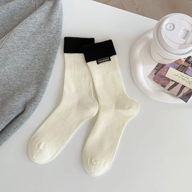 7 pares 2025 outono inverno cor-bloqueada meias femininas meados de bezerro moda casual simples meias de algodão casual meias quentes de alta qualidade