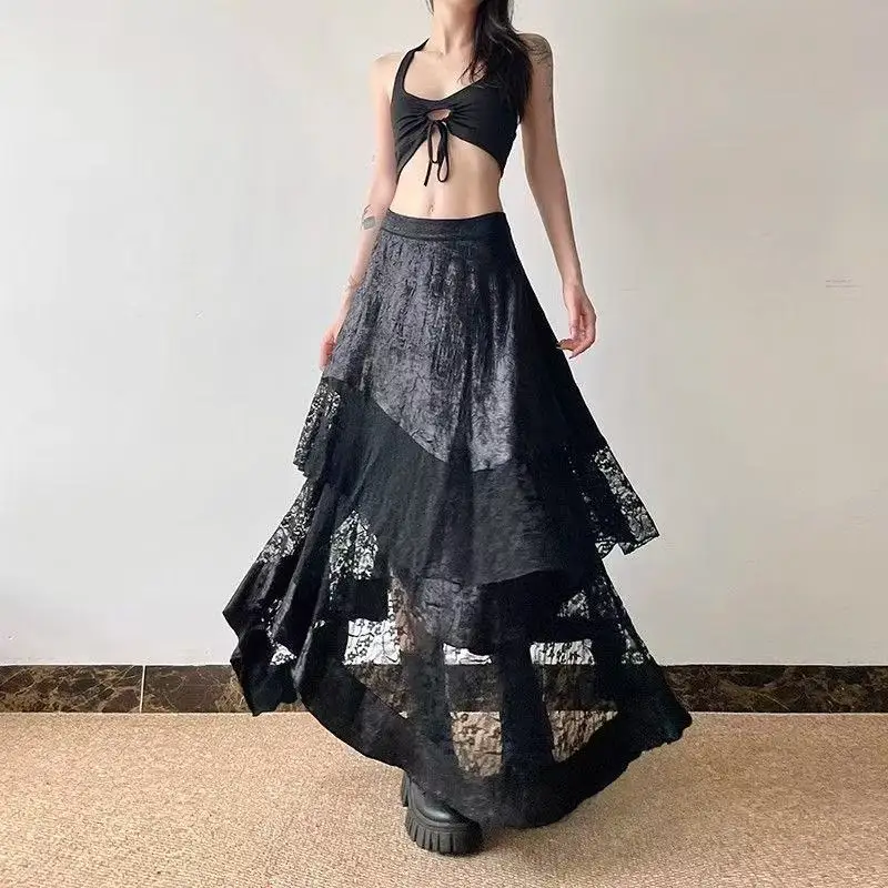

2026 New Women's Gothic Dark Lace Patchwork Midi Skirt High Waist Irregular Fishtail Tiered Long Skirt For Club Party Streetwear