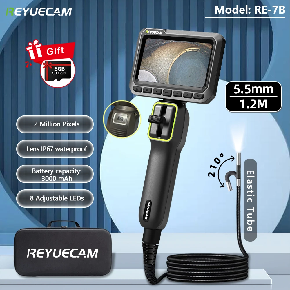 

REYUECAM RE-7B 5.5mm Lens 4.3 inch IPS Screen 2.0MP Two-way 210°Articulating Endoscope Camera 1.2m Elastic Metal Tube Borescope