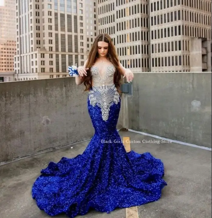 Luxury Diamante Sapphire Mermaid Prom Dress 2024 Sparkling Crystal Appliqué Set Sequins Women's Party Prom Dresses abendkleider