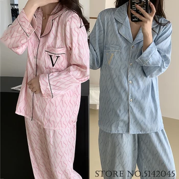 Lente Herfst Pyjama Tweedelige Set Print Lange Mouw Broek Pyjama Pour Femme Nachtkleding Losse Satijnen Huiskleding Loungekleding Loungekleding