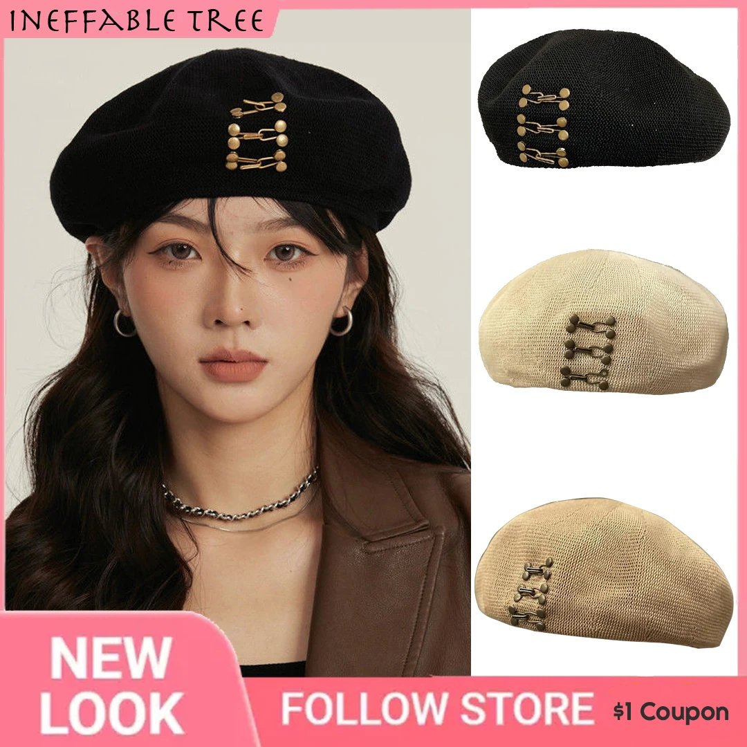 Y2K Women Girl Beret Four Seasons Breathable Beanie Cap Vintage Elegant Lady French Beret Rivet Casual Sweet Female Beret Hat