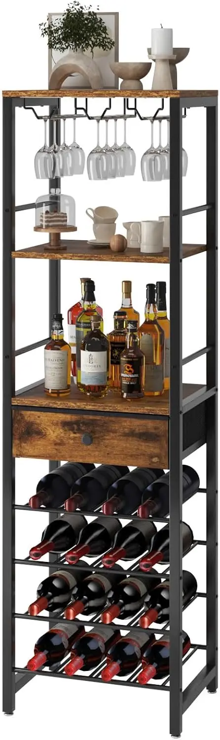 Wine Rack Freestanding Floor,  Cabinet for Liquor and Glasses,Coffee  Cabinet 4-Tier Wood  Cabinet,Glass Holder and  Drawer for 