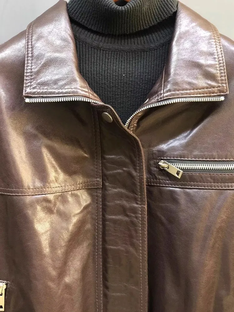 Style petit ami automne nouvelles femmes en peau de mouton en cuir véritable veste coupe ample moto Biker manteau décontracté Streetwear Cargo veste