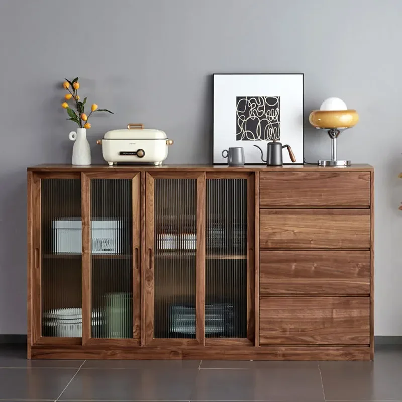 Nordic solid wood black walnut side cabinet modern simple white oak cherry wood side cabinet glass storage wine