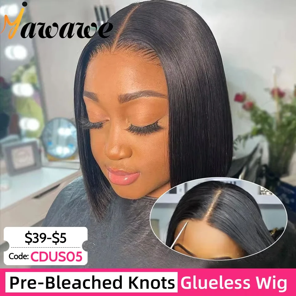 

YAWAWE Pre-Bleached Knots Glueless Wig Ready To Wear Wigs Straight Pre-plucked Human Hair Bob Wigs Pre-cut HD Lace Wear Go Wigs