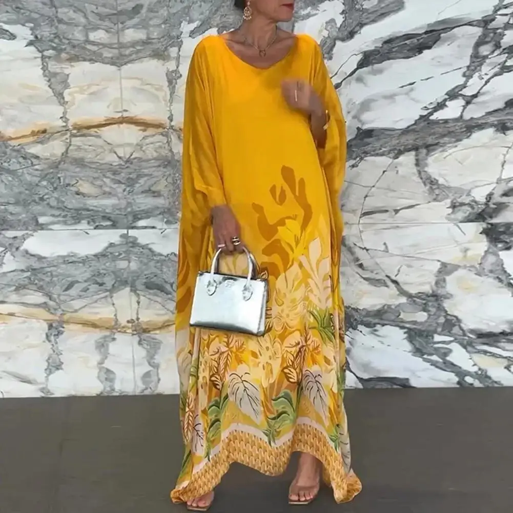 ฤดูใบไม้ร่วงฤดูใบไม้ผลิผู้หญิงชุดขนาดใหญ่ดอกไม้พิมพ์การจับคู่สี Robe ยาวแขนค้างคาวไม่สม่ําเสมอ Hem Pullover Maxi ชุด