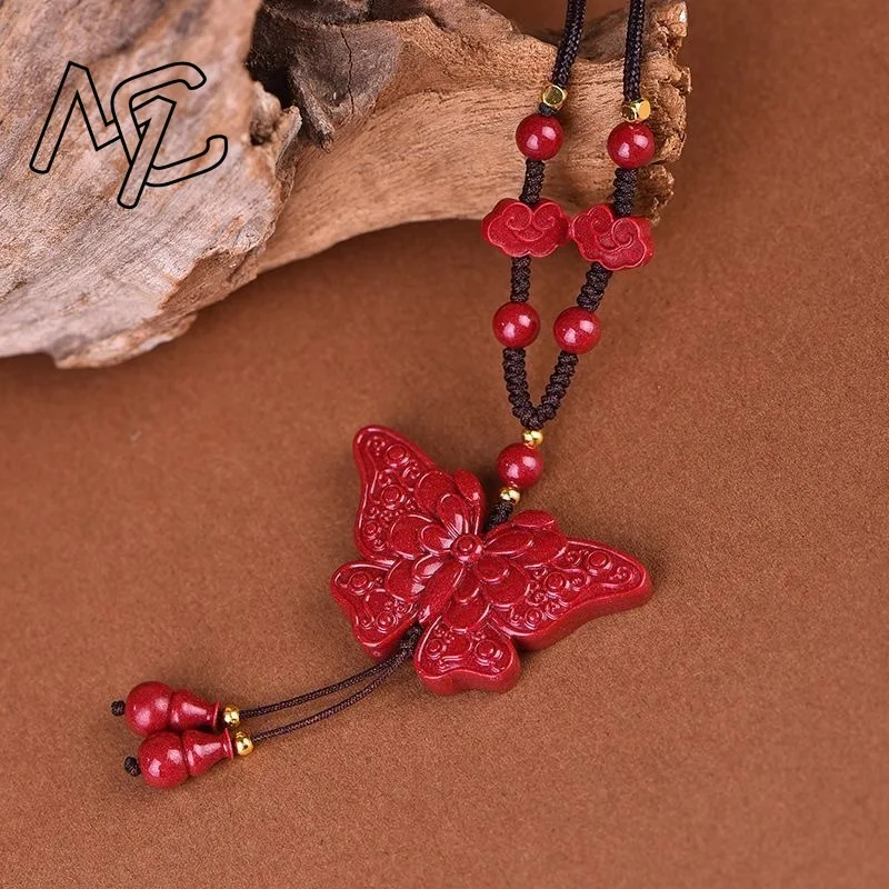 Fashion Red Cinnabar Jade Butterfly Pendant Necklace Jewellery Chinese Healing Women Man Luck Gifts Sweater Chain Amulet view 2