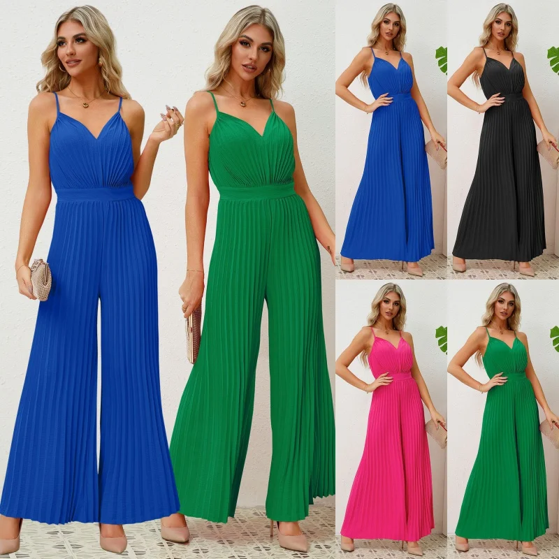 

Women's PopularVCollar Sling Pleated Jumpsuit, Fashion, Tiktok, 2024