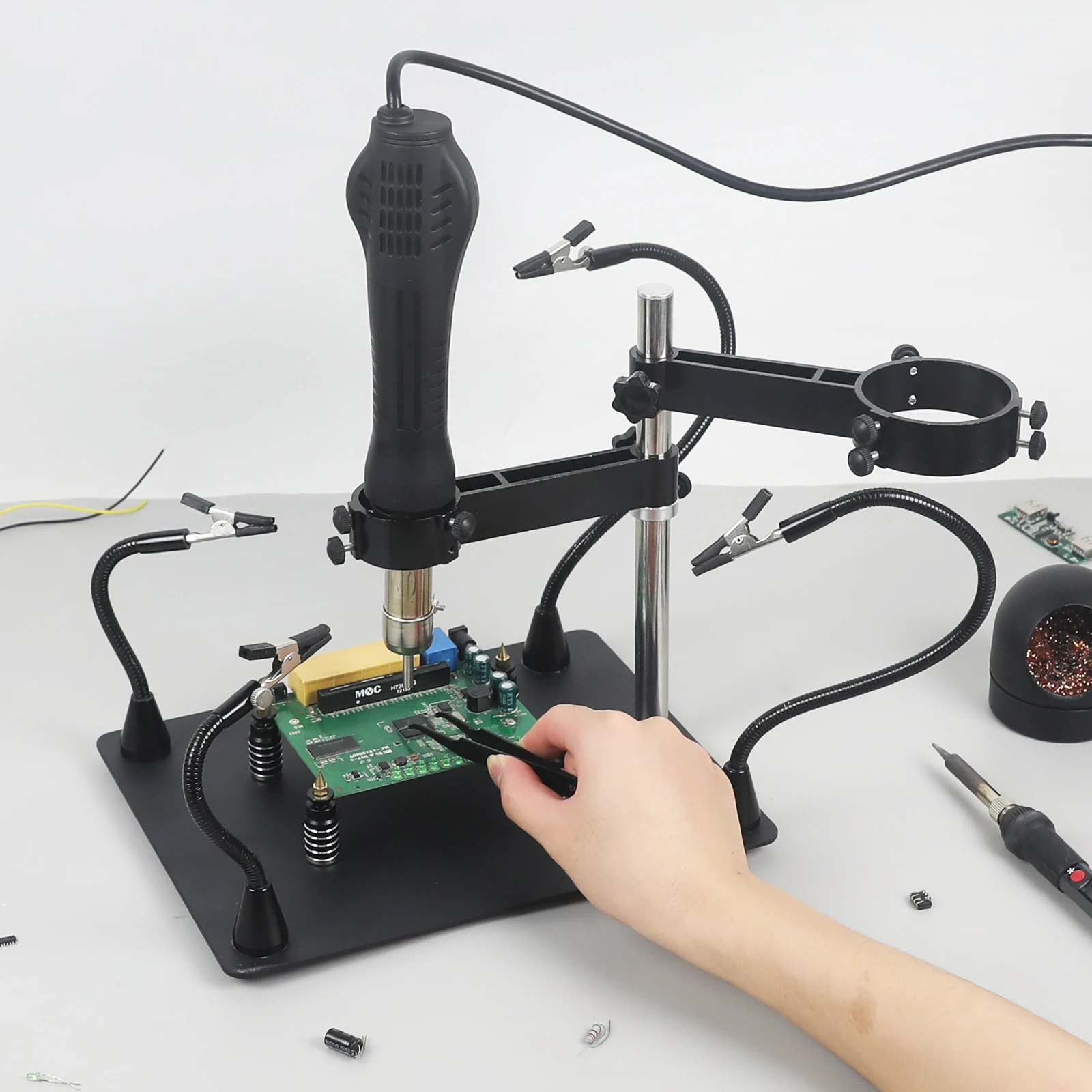 newacalox-cadre-de-pistolet-a-air-chaud-265-206mm-support-de-fer-a-souder-extra-large-pince-de-carte-pcb-station-de-soudage-support-de-pistolet-thermique-soudage