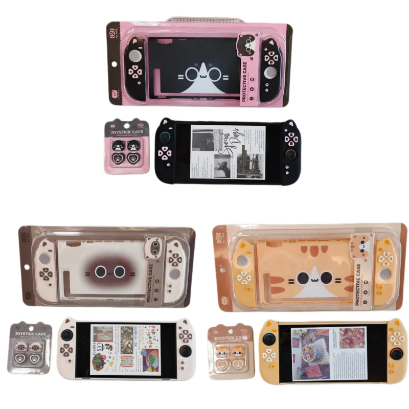 Cute Cat Silicone Controller Protective Case Thumb Grips Joystick Caps PC Hard Back Shell For Switch NS2 Decor Accessory Gift