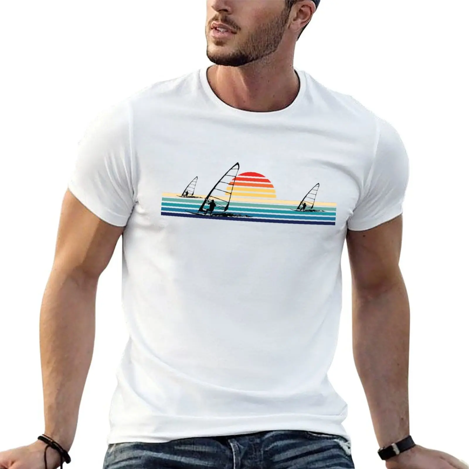 Windsurfing Retro Sunset Vintage stripe windsurf T-Shirt Heavy Duty Casual Work Tee