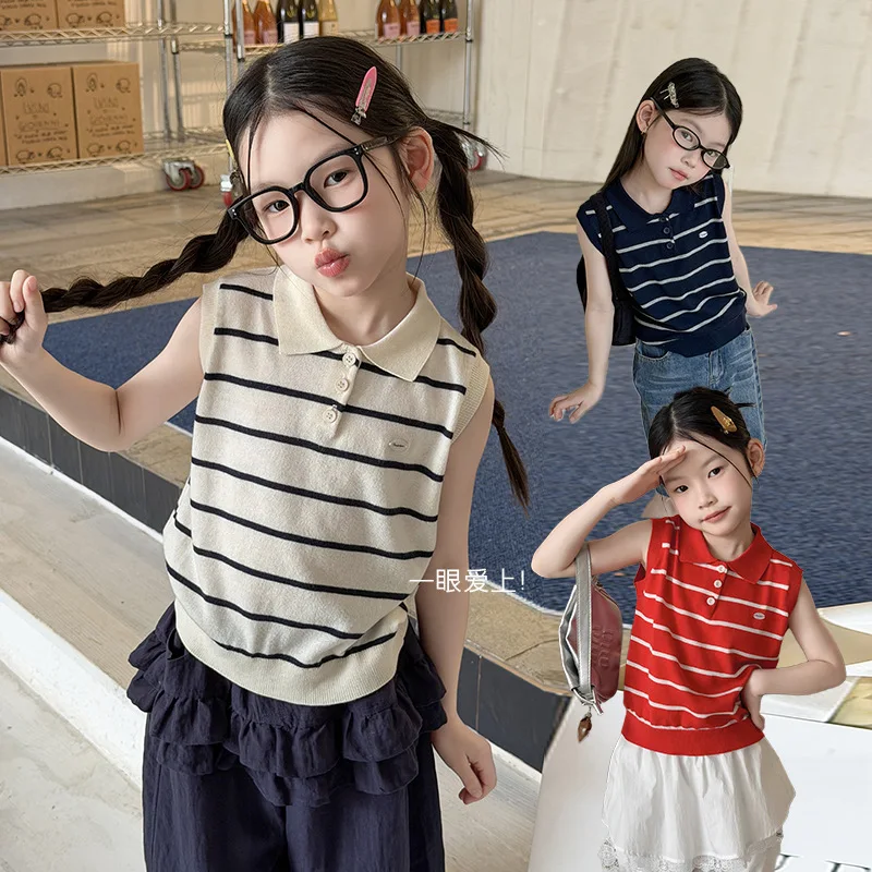 Girls Korean Simple and Versatile Summer Refreshing Turn-down Collar Striped Shirt Vest Sleeveless Top Trendy