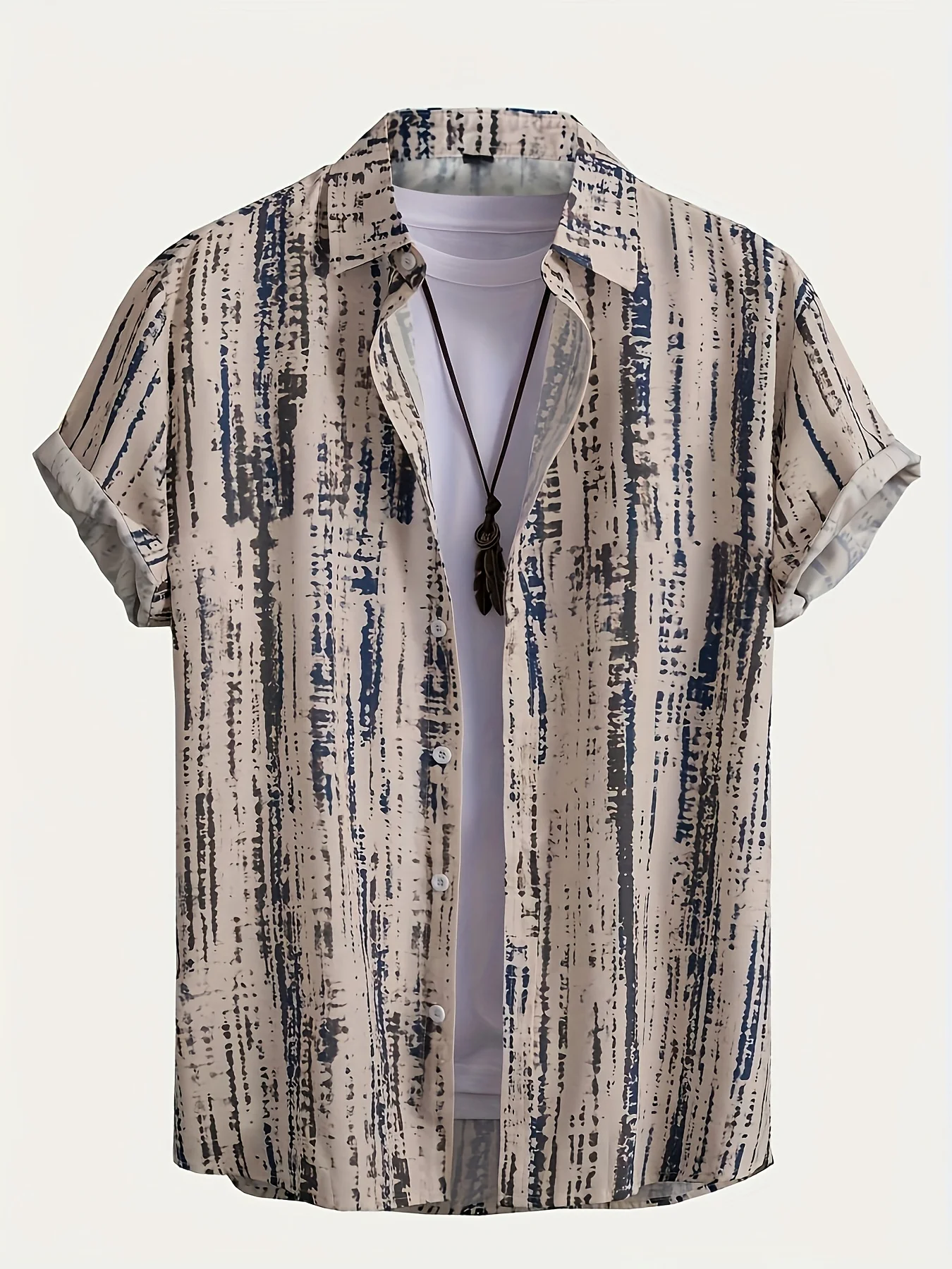 Men Vintage Vertical Abstract Texture Print Short Sleeve Shirt Lapel Button‑up Vacation Casual Top