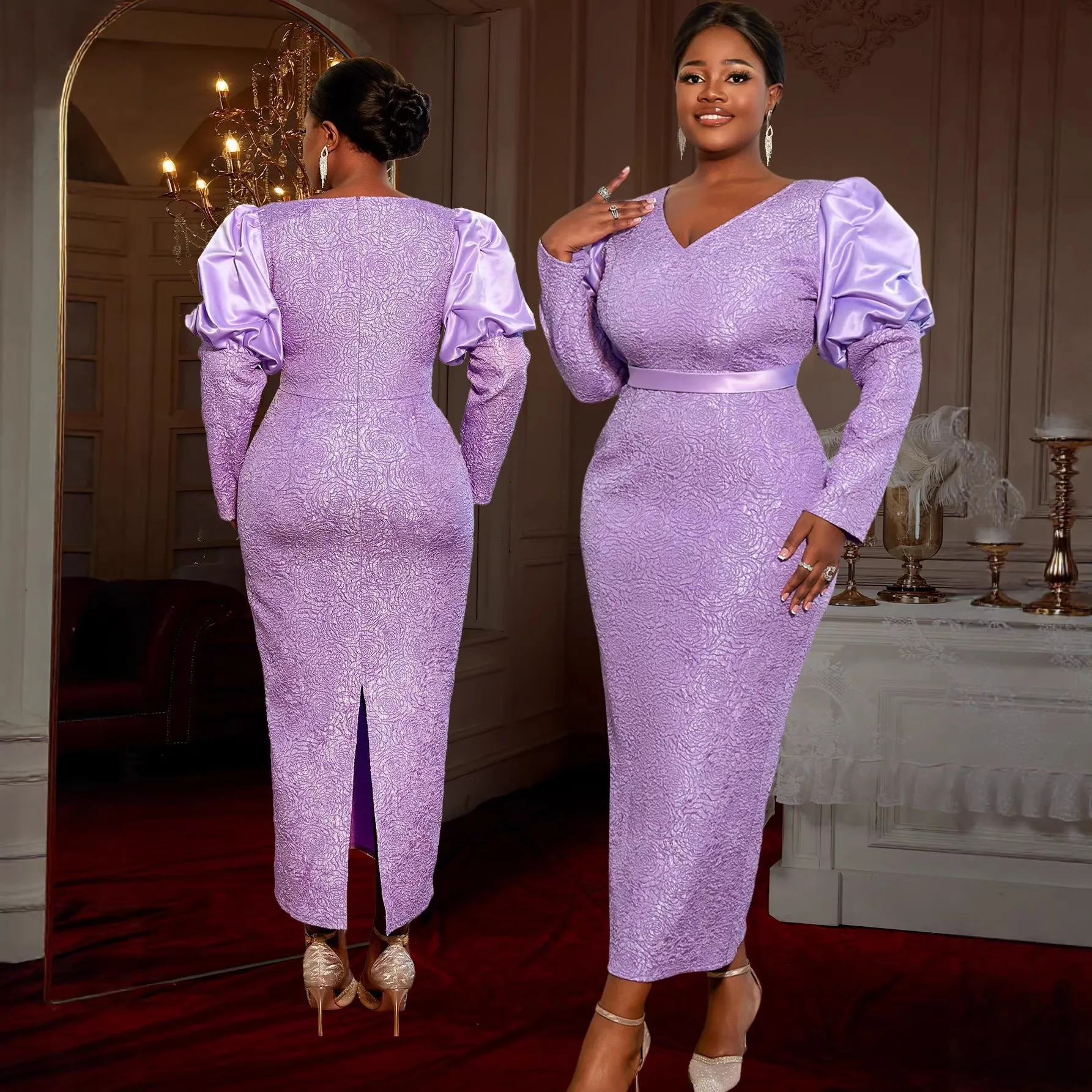 

Plus-size Women's Light Purple Jacquard Dress, Puff Sleeve Waist-cinching Long Dress, Elegant Party Gown Elegantes Casual Y2K