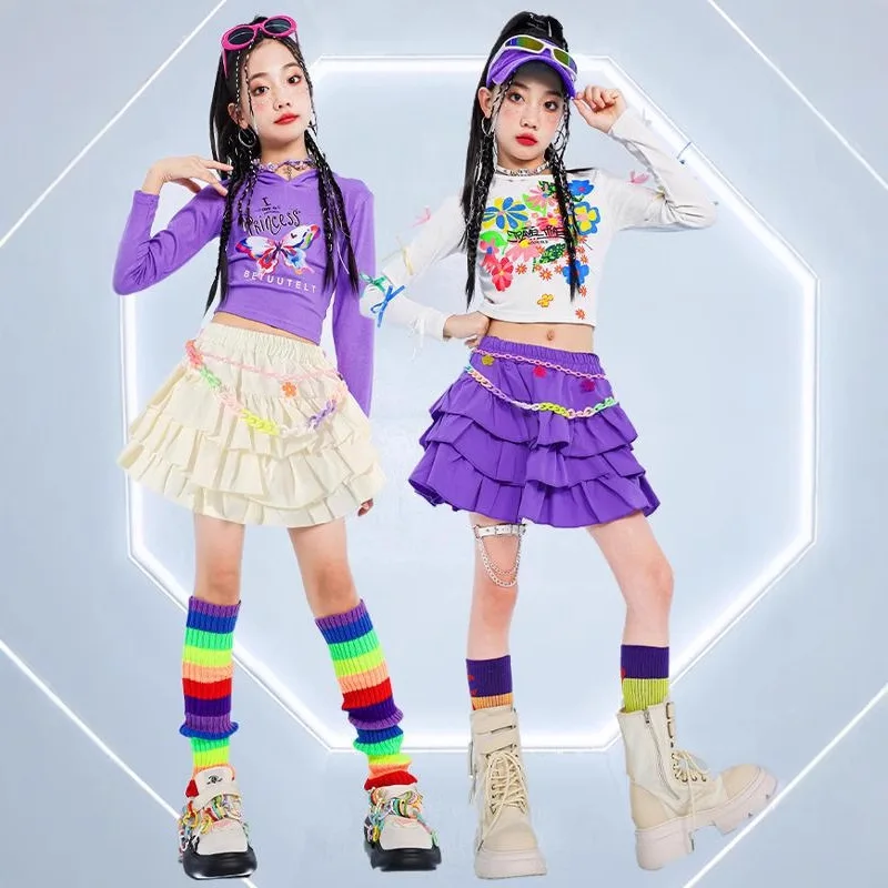 Mädchen Hip Hop K-Pop Crop Hoodies Street Dance Cargo Hosen Kinder Streetwear Tiered Röcke für Kind Jazz Lila Kostüm Sets
