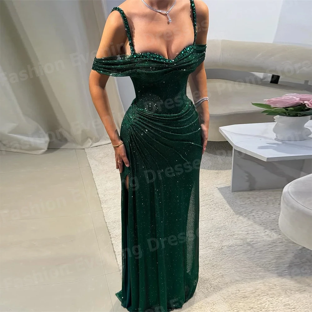 Luxuriöse Funkelnde Frauen Meerjungfrau Abendkleider Off Schulter Prom Kleider Angepasst Schlitz Ärmellose Vestido De Gala Noche Mujer