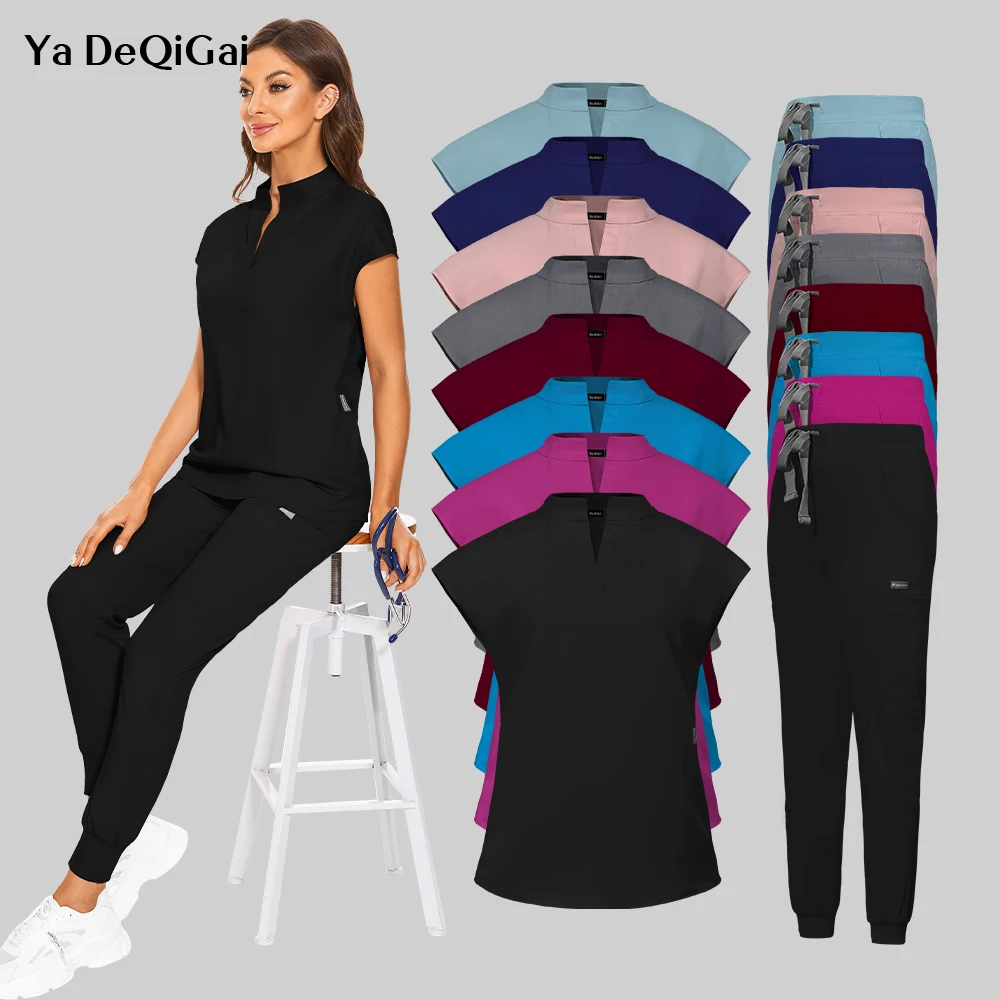 Conjunto de uniformes médicos de talla grande para mujer, Top de cuello alto con corte en V, pantalones para correr, veterinario, médico, trabajadores de la salud, ropa de trabajo