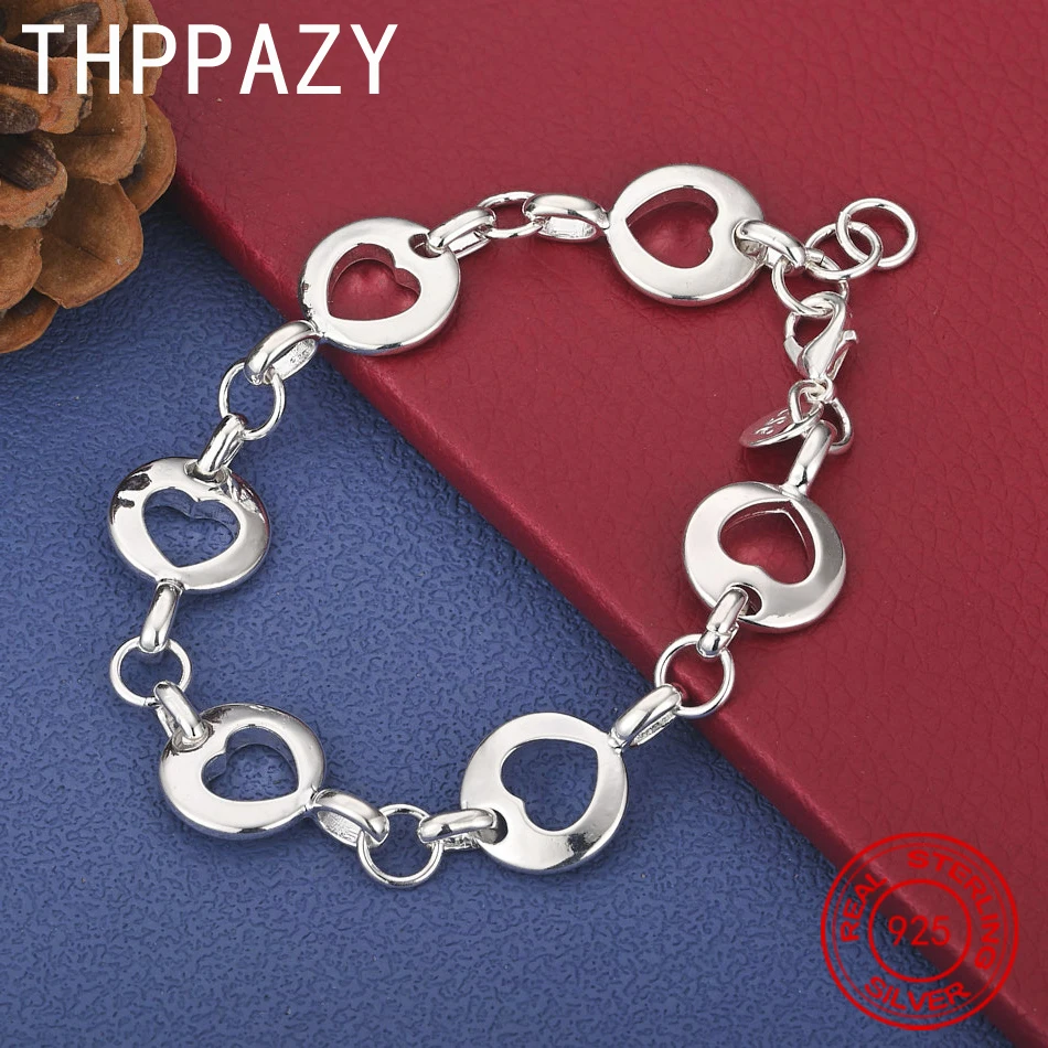 

THPPAZY 8 Inch Chain 925 Sterling Silver Heart Bracelet Fashion New Jewelry Engagement Wedding Party Beautiful Fine Gift