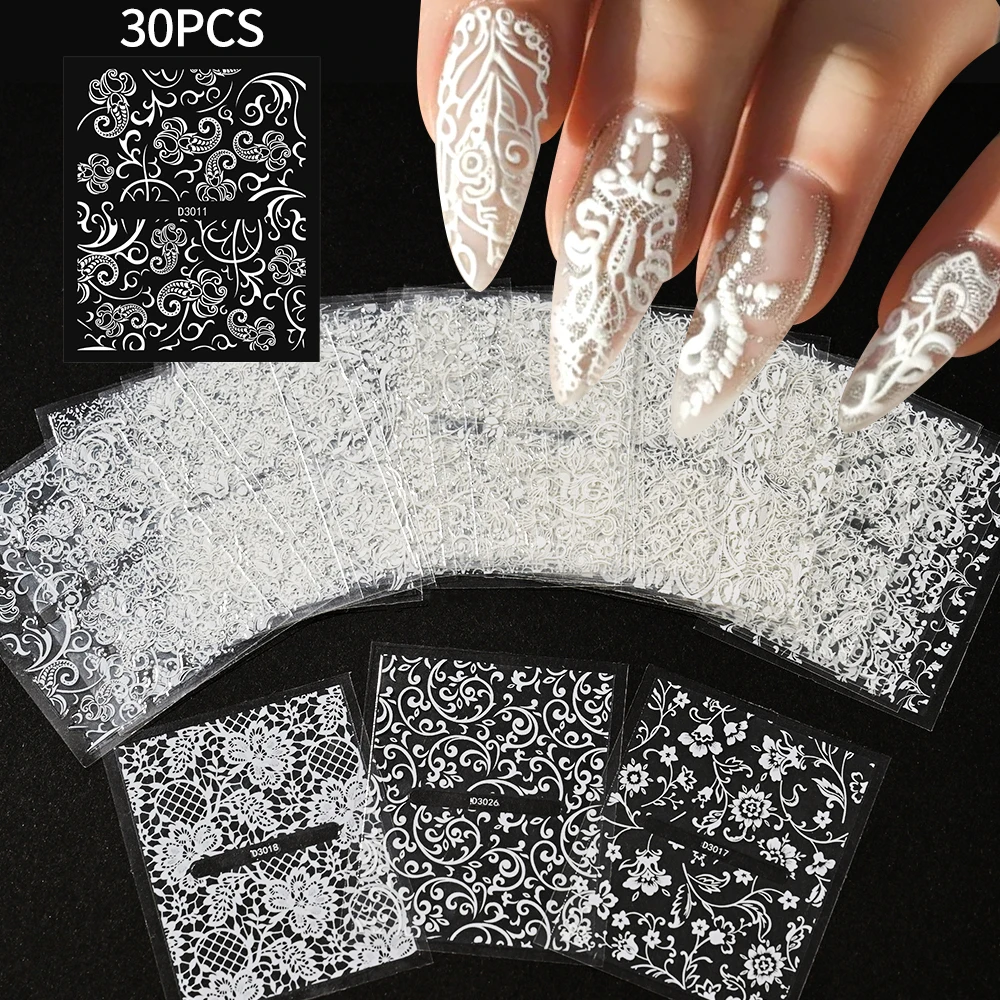 30Pcs White Lace Black Nail Sticker Lace Nail Art Decals Set Flowers Filigree DIY Manicure Wedding Nail Decoration Accessories