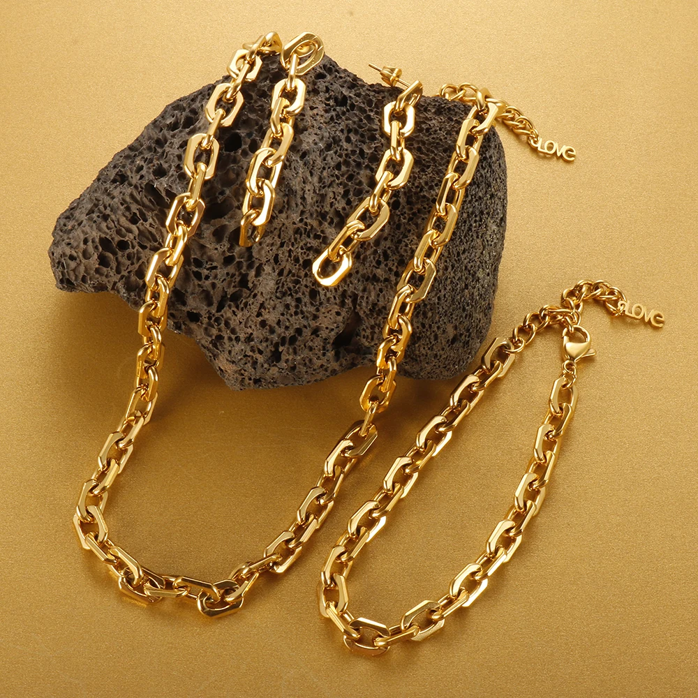 

Waterproof Link Chain Choker Necklace Gold Color Bracelet Long Drop Earrings For Women Men Hip Hop Jewelry Set