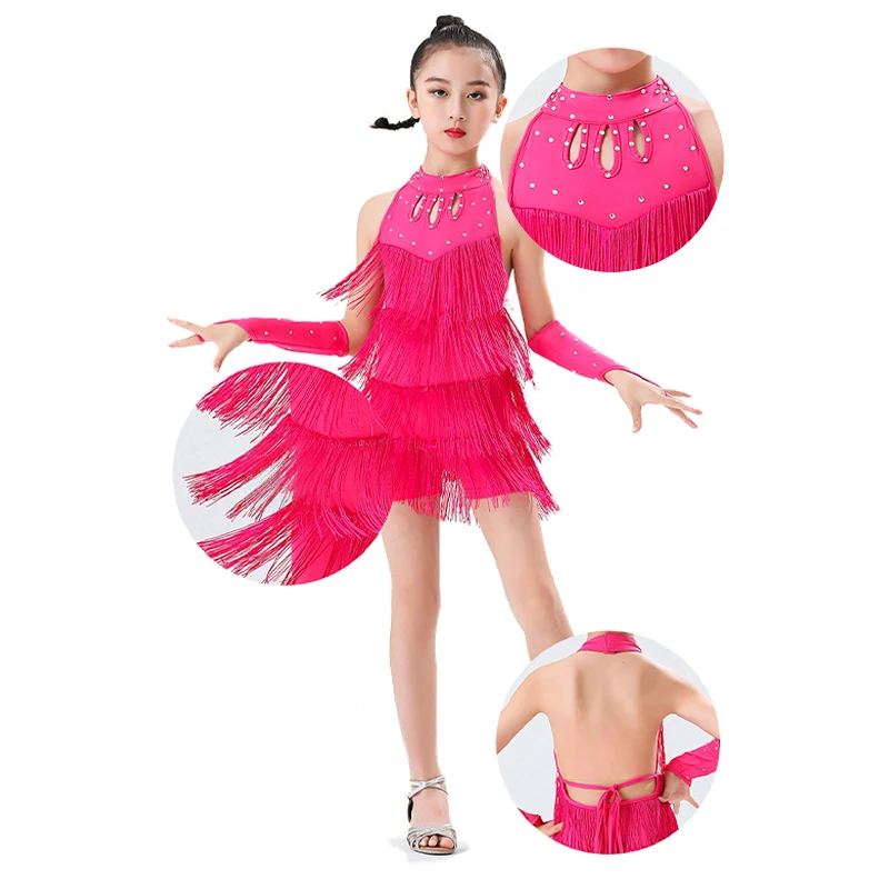 

Профессиональное детское платье для латинских танцев с блестками и бахромой для девочек, наряд для бальных соревнований по сальсе, танго, бачате