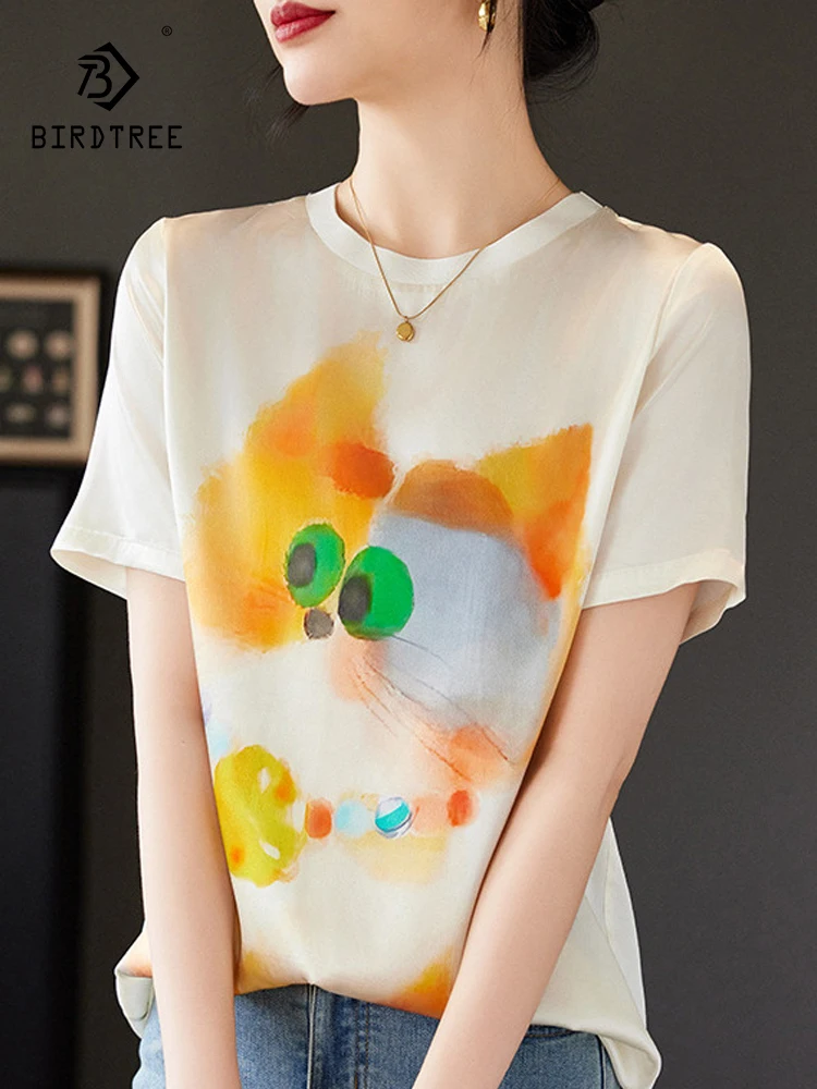 Birdtree, 90%Natural Silk Elegant T-Shirt, Women Short Sleeve O Neck Cat, Office Lady Sweet Tops, 2024 Summer Autumn T46015QC