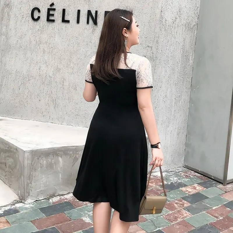 Knee Skirts Round Neck Lace Patchwork Dresses Solid Color Loose Oversized Spring Summer Thin Casual Women's Clothing Simplicity