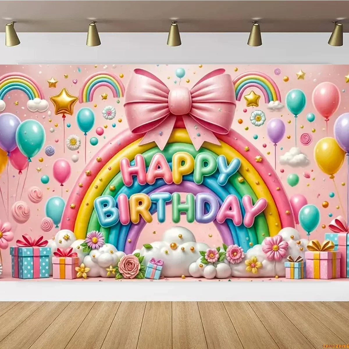 الوردي عيد ميلاد خلفيات للتصوير الفوتوغرافي الدعائم القلعة بالونات قوس قزح الأطفال فتاة ثلاثية الأبعاد حفلة الطفل استوديو الصور خلفية TA-01