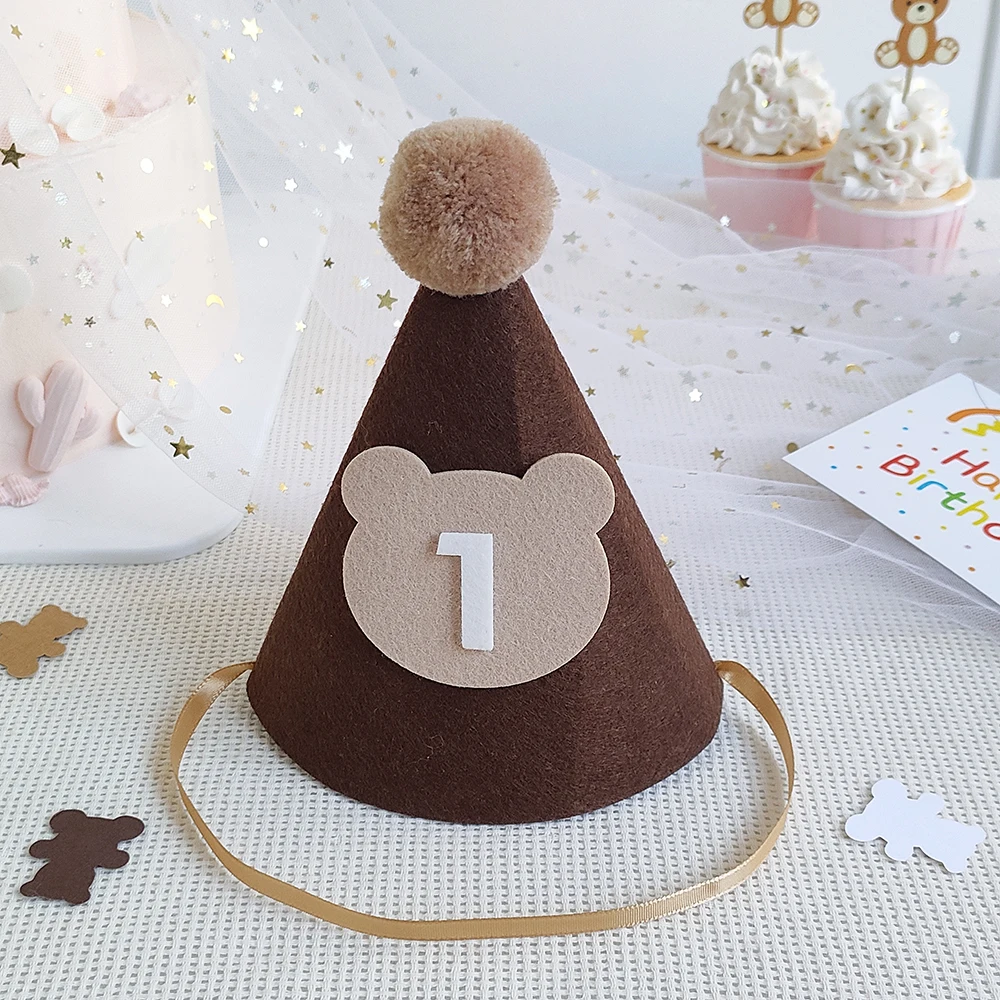 Birthday Hat Kids Brown Coffee Bear Hat 1st 2nd 3rd Year Old Baby Cap The First One 2 3 Year Birthday Party Supplies Photo Props