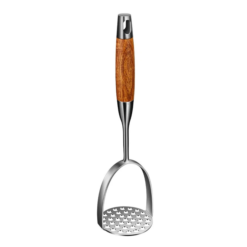 Stainless Steel Potato Masher with Natural Rosewood Handle and 37 Strategically Placed 8mm Holes for Thorough and Even Mashing