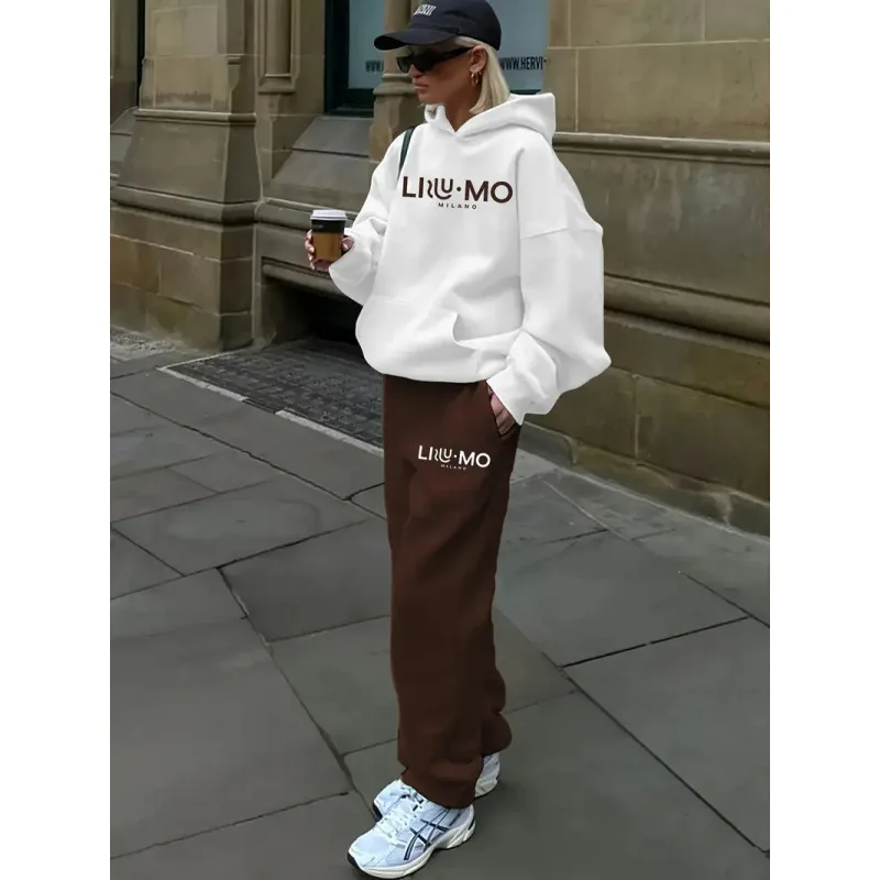 2026 Letter Printed Women Hoodie Set Street Hip Hop Clothing Casual Female 2pcs Clothing Plush Sweatshirt Perfect for Outdoor
