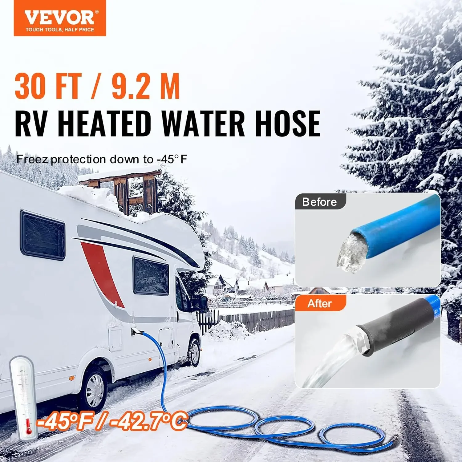 30ft Heated Water Hose for RV, Heated Drinking Water Hose Antifreeze to -45°F, Automatic Self-regulating