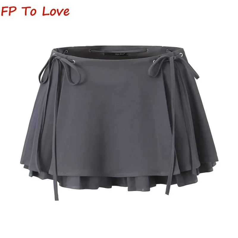 Y2K Design High Waist Double Drawstring Half-body Skirt Women Spice Girls Anti-Walking Peplum Pleated A-line Mini Skirt