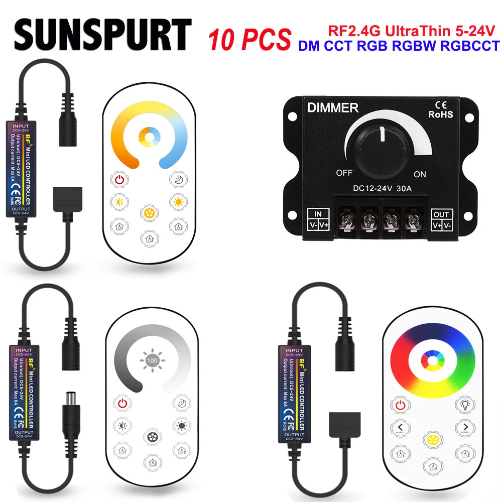 1-10PCS DC5V-24V LED Controller RF2.4G Wireless Touch Remote for Dimmers Single Color/ CCT/ RGB /RGBW / RGBCCT LED Strip Control