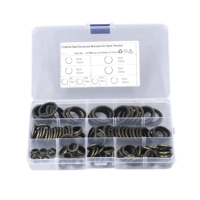 110 Pcs Oil Seal Washer M6 M8 M10 M12 M14 M16 M18 M20 Rubber Bonded Seal Oil Gasket Metal Sealing Washer