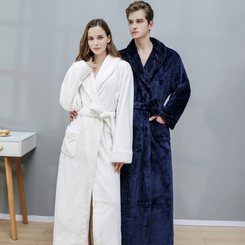 Women Luxury Coral Fleece Bathrobe Long Soft Plush Warm Robe Belt Pocket Hotel Spa Nightgown Winter Home Loungewear Sleepwear
