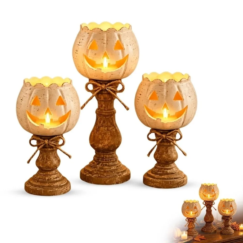 Cutout Face Pumpkin Tealight Candle Holder Retro Scalloped Top Pumpkin Tealight Holder Wood-Look Base Jute Bow