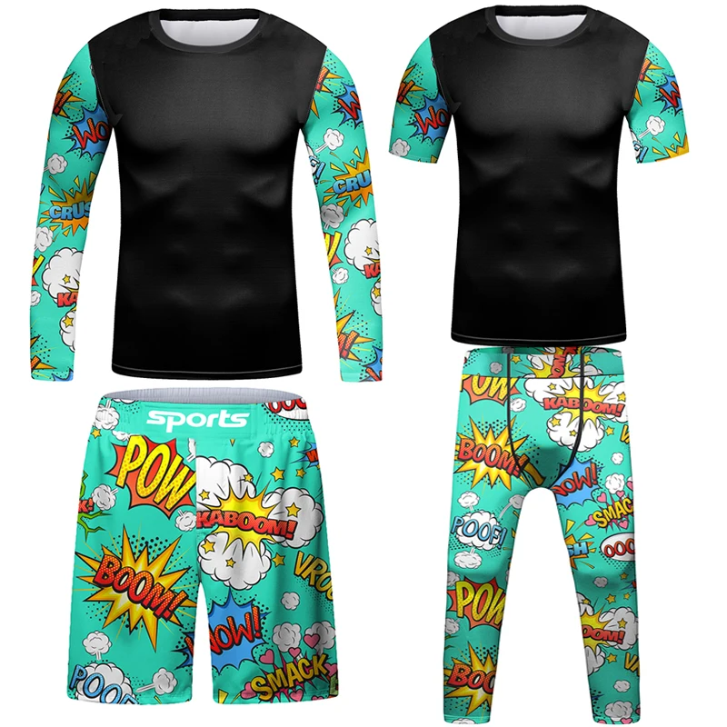 Mma Clothes For Children Jiu Jitsu Rash Guard Kid\'s Boxing T-shirt +Pants Sport 4Pcs/Set Bjj Gi Kickboxing Compression Jerseys