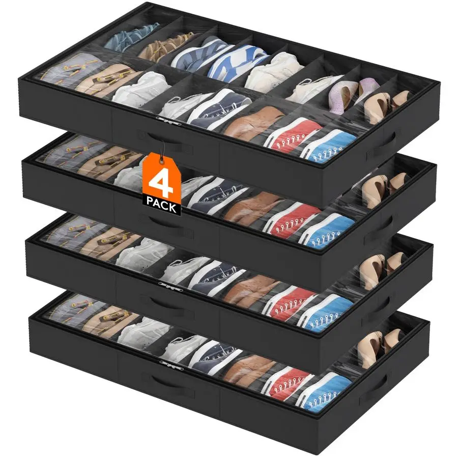 

Under Bed Shoe Storage Organizer 4 Pack16 Pairs, 4.3 Tall Fabric Shoes Container Box, Foldable Closet Shoe Bag with 2 Reinforced