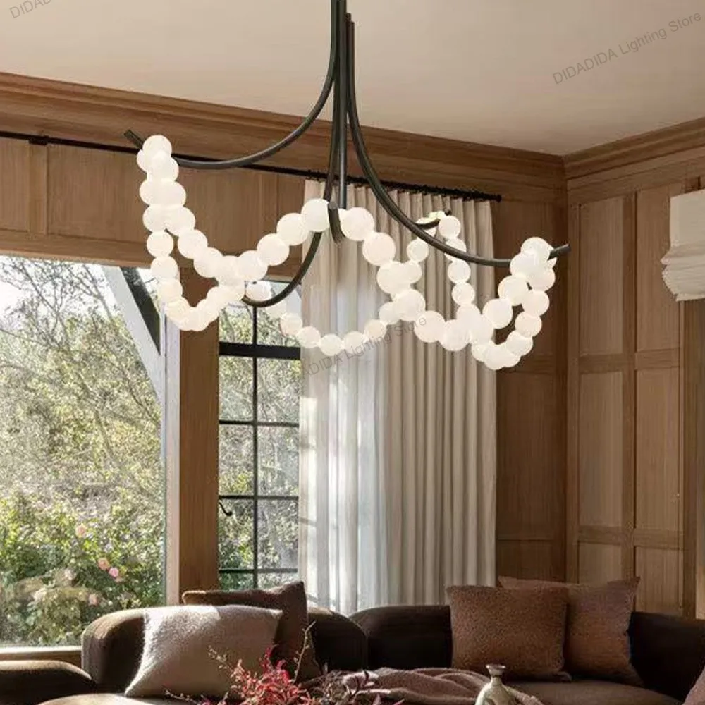 

2025 Modern Pearl Marble Chandelier with Adjustable Chain Spanish Imported Stone Round Brass Black Nickel Finish Dimmable Light