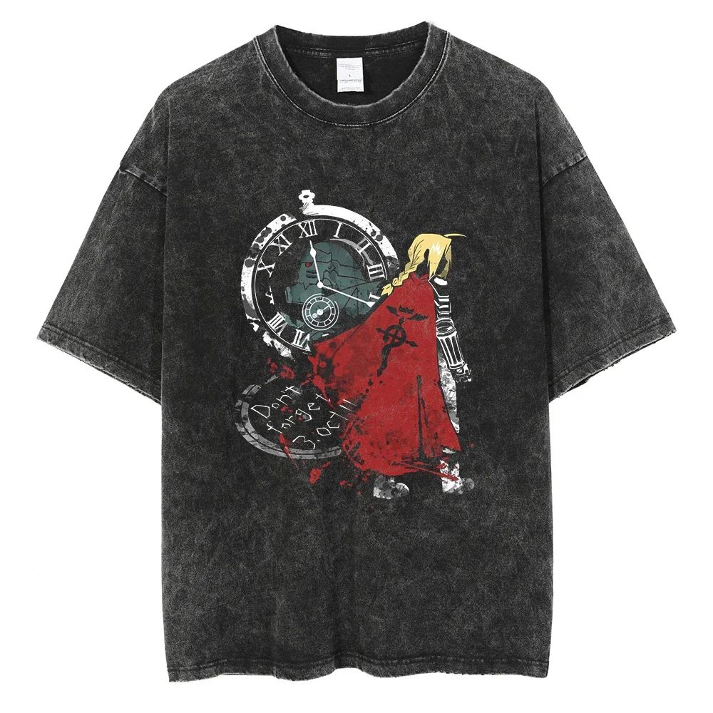 

2026Hip Hop Washed Vintage T Shirt Streetwear Tops Japanese Anime FULLMETAL ALCHEMIST Print T-shirt Cotton Casual Summer Tshirts