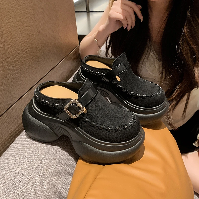 Women Suede Hand Stitch Buckle Strap Chunky Bubble Platform Mules Slides Round Toe Height Increasing Casual Slippers Clogs Shoes