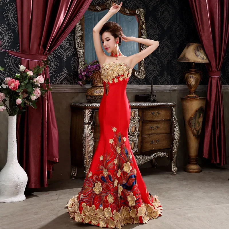 

Red Mermaid Cheongsam Traditional Chinese Wedding Dress Women Dress Elegant Fishtail Evening Dress Flower Qipao Sexy Strapless
