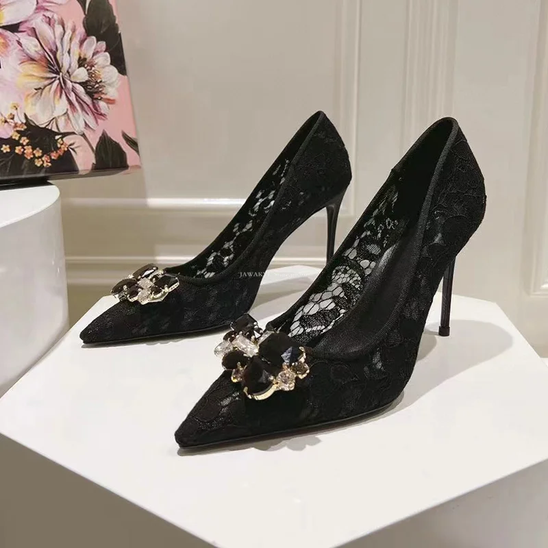 2024 Summer Luxury Lace High Heels Shoes Women Pumps Pointed Designer Sexy High Heeled Wedding Party Shoes Flower Crystal Shoes