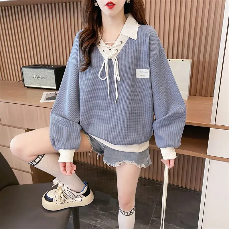 

Fashion V-Neck Spliced Lace Up Bow Casual Sweatshirts Female Clothing 2024 Autumn New Loose All-match Tops Korean Sweatshirts