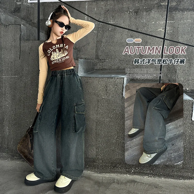 Girls' Cargo Jeans 2025 Spring New Teenager Children Loose Wide-leg Pants Kids Spring and Autumn Jazz Dance Pants Denim Trousers