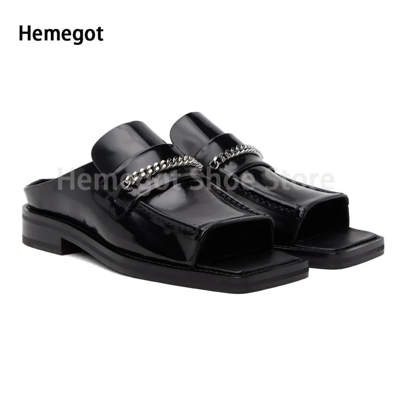 

Black Square Toe Metal Button Chain Half Slippers Open Toe Glossy Leather Shoes Comfortable Loafers Slip-On Casual Flat Shoes