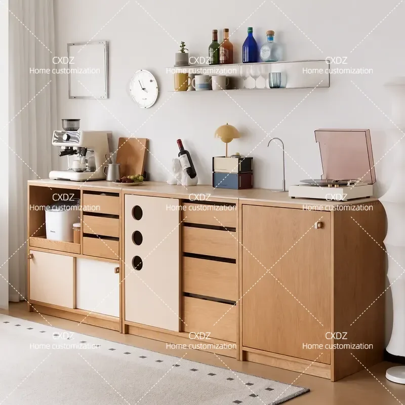Nordic Style Tenon and Mortise Module Dining Side Cabinet Cherry Wood Small Apartment Floor to Ceiling Coffee Bar Rock Slab